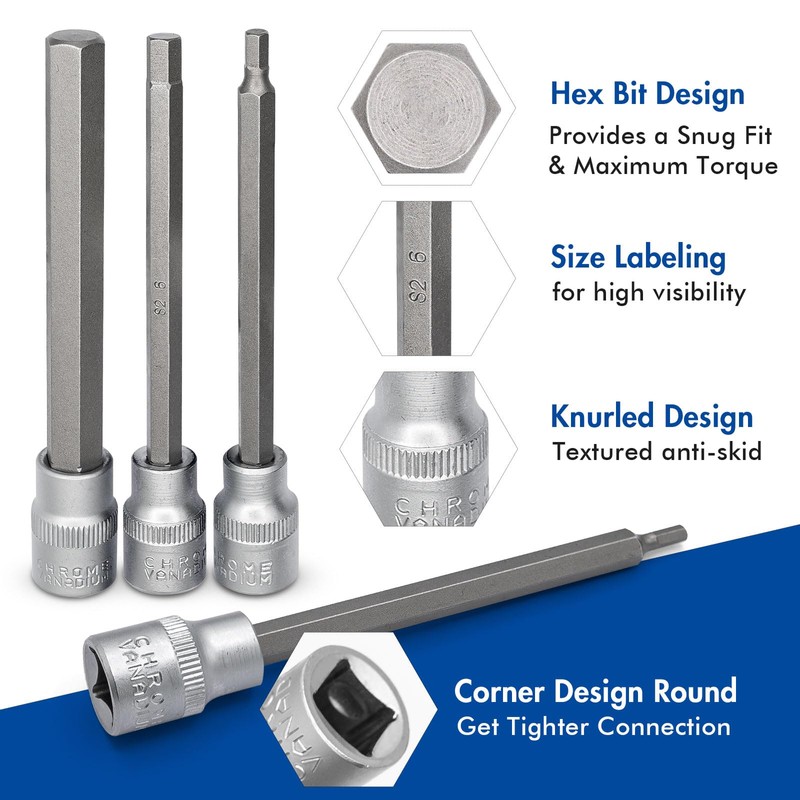 DAKCOS 7-Piece Long Hexagonal Socket Set 3/8 Inch Hex Bit