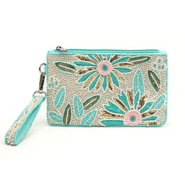 Pom Peace of Mind Wristlet Bag for Women Floral Beaded Wristlet Pouch Turquoise Clutch Holiday Purse Zipper Purse Wallet with Strap