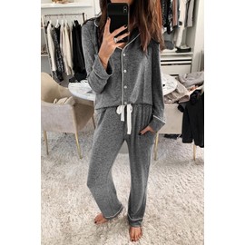 Aamikast Pajama Set for Women Button Down Soft Long Sleeve Pjs Sleepwear Sets (Dark Grey XXL)