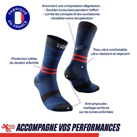 Thuasne - Medium high compression socks running sport up active - Degressive compression from ankle to calf - Made in France, Black / blue foncé / rouge