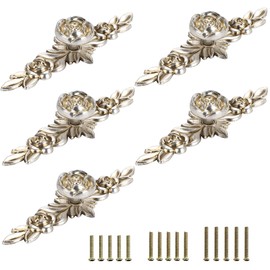 JUXYES Pack of 5 Euro Rose Decorative Cabinet Knobs with Plate, Floral Ivory Drawer Knob Cupboard Door Knobs, Ivory White Drawer Pulls Cabinet Handle Knobs for Dresser Cabinet