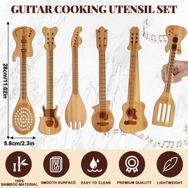Wiooffen 6 Pcs Guitar Shaped Cooking Utensils Set Guitar Bamboo Cookware Set for Men Fun Music Themed Kitchen Utensils Unique Musician Valentines Gifts for Music Lovers Kitchen Decoration