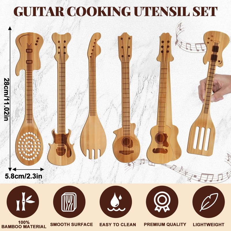 Wiooffen 6 Pcs Guitar Shaped Cooking Utensils Set Guitar Bamboo
