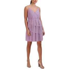 BCBGeneration Women's Fit and Flare Mini Cocktail Dress Adjustable Spaghetti Straps Surplice Neck Tiered Ruffle Skirt, Lavender