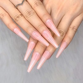 Artquee 24pcs Light Nude Clear Pure Color Ballerina Long Coffin Glossy Fake Nails Press on Nail False Tips Manicure for Women and Girls