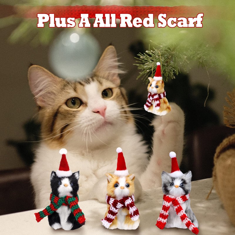 Christmas Cat Ornament with Hat & Scarf, Mini Plush Kitten