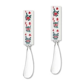 Supreme Housewares Cheese and Butter Spreader 2-Piece Mahjong Shaped Melamine Resin Handle and Zinc Alloy Blade Multipurpose Cheese Spreader set (Mahjong Flowers)