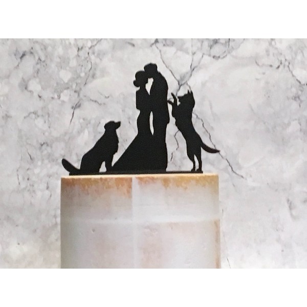 UTF4C Silhouette Wedding Cake Topper, Bride Groom and 2 Dogs, Wedding Cake Topper with Golden Retriever and German Shepherd, Party Acrylic Cake Topper, Novelty Unique Cake Insert, TBB2007