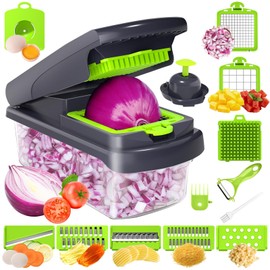 2025 UPGRADE,Vegetable Chopper Pro,BPA Free Veggie Chopper with Container & Lid,14-in-1 Multifunctional Salad Cutter,Onion Dicer,Cucumber Slicer & Egg Separator,Kitchen Gadget with Safety Guard,Green