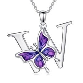 LONAGO Initial Necklace for Women 925 Sterling Silver Purple Butterfly with A-Z 26 Letters Pendant Necklace for Graduation Gifts, Sterling Silver, No Gemstone