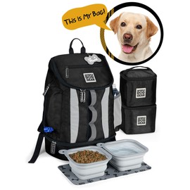 Mobile Dog Gear, Dog Travel Bag, Drop Bottom Week Away Backpack for Medium and Large Dogs, Includes 2 Lined Food Carriers and 2 Collapsible Dog Bowls, Black