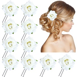 Lawie 10 Pack Colorful Wedding Bridal Red Rose Flower Hair Pins U-shaped Floral Hair Clips Formal Prom Party Decorative Bobby Pins Hair Accessories for Women Girls Brides Bridesmaids (White)