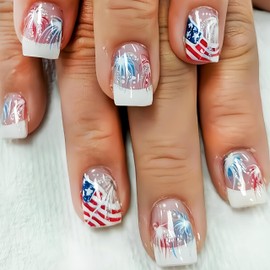 Independence Day Press on Nails Short Square French Tip Fake Nails with Fireworks Designs Full Cover America Flag Stick on Nails White French Glue on Nails Acrylic Nails for Women 4th of July 24Pcs