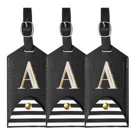YELARXI Luggage Tags, Initial Letter Travel Luggage Baggage Labels PU Leather Tag Holder Waterproof for Privacy Protection ID Suitcase Identifier Backpack (3 Pack, Black A)