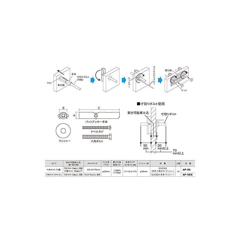 Densan AP-9SN Pad Anchor, Stainless Steel Bolt, Recommended for W3/8
