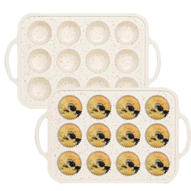 PEUTIER 2pcs Silicone Muffin Pan with Metal Reinforced Frame, Cups Cupcake Baking Pan Mini Muffin Pans Muffin Tins for Baking Oven Dishwasher Safe(Off White)