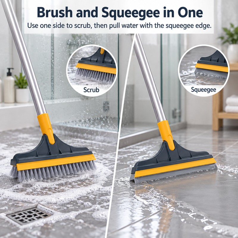 V-Shaped Floor Scrub Brush with Squeegee for Bathroom Cleaning –