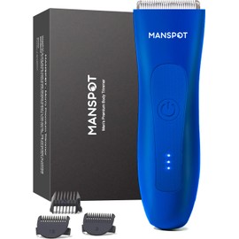 MANSPOT Pubic Hair Trimmer for Men (Chrome Blue), Replaceable Ceramic Blade Heads, Waterproof Wet/DryTrimmer for Men, 90 Minutes Shaving