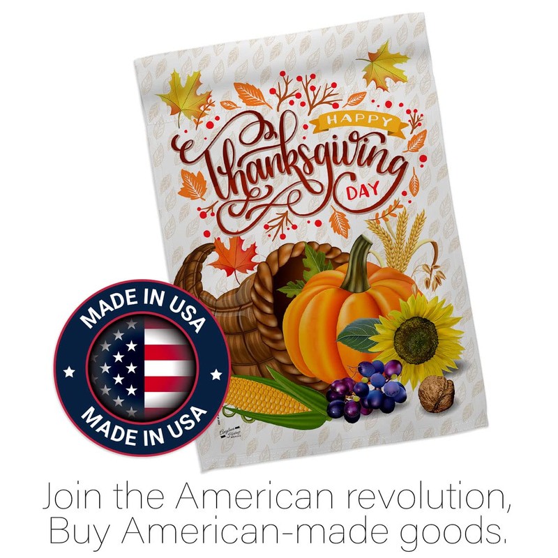 Thanksgiving Cornucopia Garden Flag - Set Wall Holder Fall Turkey