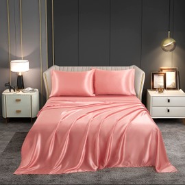 Counfeisly 4 Pieces Satin Sheets Set, Queen Size Luxury Silky Soft Satin Bed Sheets with 1 Deep Pocket Fitted Sheet, 1 Flat Sheet, 2 Pillowcases, Rose Pink