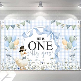 Ticuenicoa One Silly Goose Banner 70.8x43.3 Inch - Blue Gingham Goose Design with Floral Balloons Arch - Birthday & Celebration Party Decor
