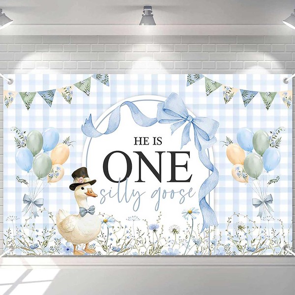 Ticuenicoa One Silly Goose Banner 70.8x43.3 Inch - Blue Gingham