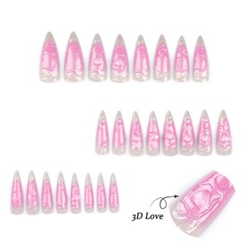 Press on Nails Extra Long Almond Tip Nails 3D Pink Love Heart Design False Nails Artificial Acrylic Nails Full Cover Reusable Coffin Nails Nature Fit Fake Nails Glue on Nails for Women Kit 24Pcs