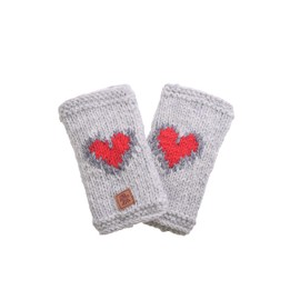 Pachamama Women Wool Hand Wrist Warmers Fleece Lined Handknitted Red Heart Pattern Oatmeal One-Size Handmade Extra Warm Fair Trade