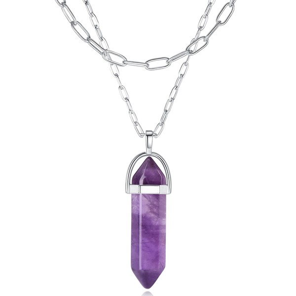 XIANNVXI Amethyst Healing Crystal Stone Point Necklace Natural Reiki Quartz Gemstone Pendant Necklaces Layered Witch Jewelry for Women