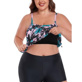 Ocean Blues Women's Coconut Tree Plus Size Tummy Control Tankini Top Loose Fit Bathing Suit Top Size Large