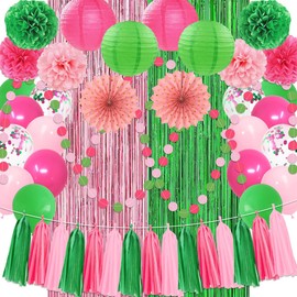Pink and Green Party Decorations Witch and Princes Party for Girls Women Balloons Paper Pom Poms Foil Fringe Curtain Paper Tassel Garland Fans Lanterns Circle Dots Garland for Birthday Supplies