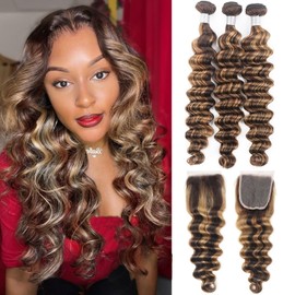 Ombre Human Hair Bundles With Closure Loose Deep Wave Bundles 4x4 HD Lace Closure 12 14 16+12inch Brown Highlight Colored Bundle Human Hair With Closure