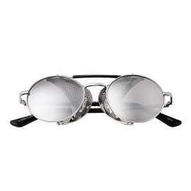 Ultra Silver with Mirrored Lenses Steampunk Deep Blinder Sunglasses Retro Women Mens Round Goggles Metal Gothic Circle Cyber Cosplay Glasses UV400 Unisex Retro Sunglasses Round Glasses Steam Punk