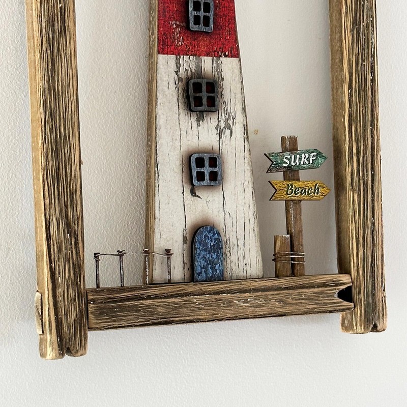 Framed Coastal Lighthouse Wall Decor Rustic Wood Hanging Rectangle Nautical