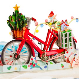 Paper Love Frndly, 3D Christmas Pop Up Card, Christmas Bike, Handcrafted 3D Greeting Cards, For Christmas or Holidays - 100% Recycled and Eco-Friendly, 8" x 6" Cover - with Removable Note Tag