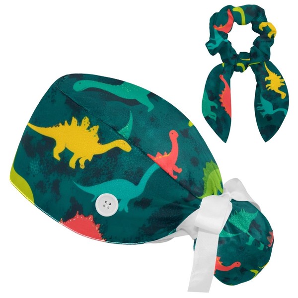 FVQL Scrub Caps Women, Ponytail Holder Nursing Hat, Cartoon Dinosaur,