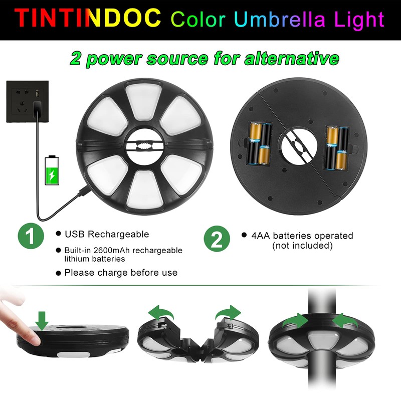 TINTINDOC Color Umbrella Light with Remote, Outdoor/Patio Umbrella Light, Rechargeable/AA