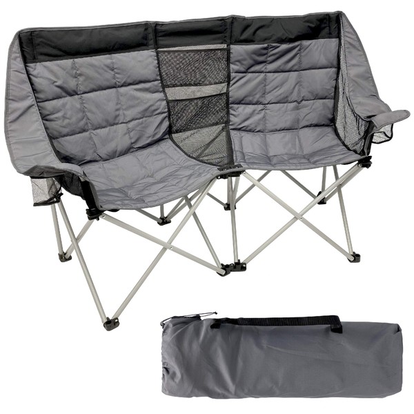 EasyGo Product Camping Chair - Double Love Seat Heavy Duty Oversized - Folds Easily and is Padded, Black Grey