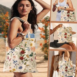 GIEEU Ästhetische Canvas Tote Bag für Damen, Wiederverwendbare Stoffbeutel Einkaufsbeutel mit Reißverschluss-Innentasche, Große Stoff Cotton Shopping Bag für Fitnessstudio, Arbeit, Reisen