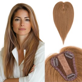Benehair Hair Toppers for Women Real Human Hair 100% Remy Human Hair Pieces for Women with Thinning Hair Clip In 8 * 10cm Topper 12 Inch 35g Clip in Hair Extensions Light Brown