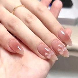 24Pcs Press on Nails Medium Short Almond French Tip with Nude Pink Peach Blossom Design Acrylic Nails Fake Nails Thick Glossy Full Cover Glue on Nails Stick on Nails for Women W1746