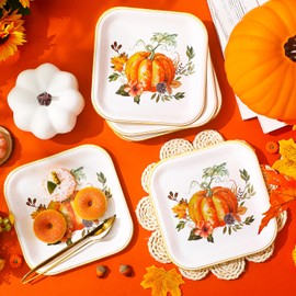Yungyan 60 Pcs Thanksgiving Pumpkin Paper Plates 9 Inch Fall Pumpkin Dinner Plates Disposable Autumn Harvest Square Dessert Plates for Thanksgiving Holiday Party Tableware Supplies (Novel Style)