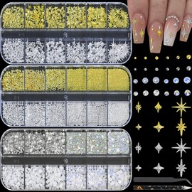 HNUIX Star Nail Charms - 3D Metal Gold & Silver Caviar Beads, Flatback AB White Nail Rhinestones and Gems, Half Round Pearls, with Kit, for Nail Art, DIY Craft Accessories Manicure Decor