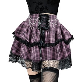 FDKLOOK Womens Pink Plaid Tartan Tie Waist Double Layered Lace Ruffles Y2k Punk Mini Goth Skirts with Chain S