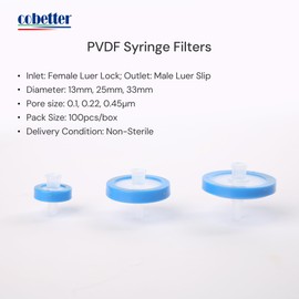 COBETTER 100 Pack PVDF Syringe Filter Lab Filters 0.22μm Pore Size 13mm Diameter Hydrophilic Filtration Non-sterile Blue