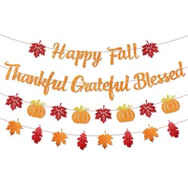 Fall Decorations Happy Fall Thankful Grateful Blessed Banner Glitter Pumpkin Maple Leaves Hanging Banner Orange Red Thanksgiving Garland Banner for Autumn Harvest Party Wall Decor Supplies