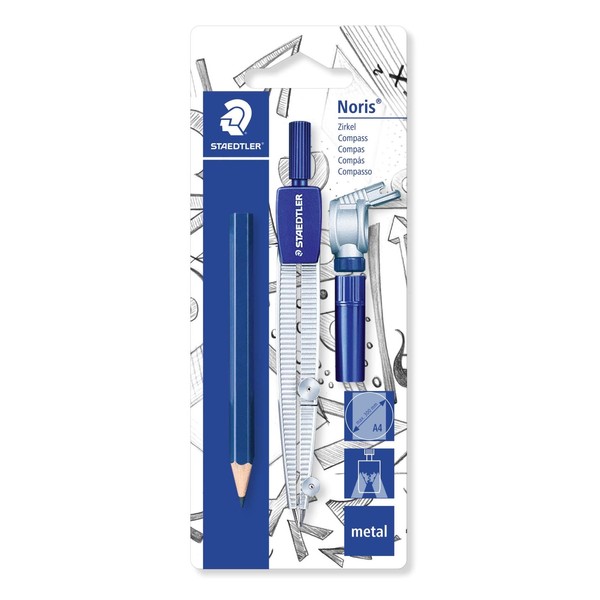 STAEDTLER 55060 BkSchool Compass With Universal Adapter, Lead Box And Small Pencil In Blister Packaging Blue/Silver