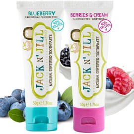 Jack N' Jill Natural Certified Toothpaste - Baby & Toddler Toothpaste, Fluoride-Free, 40% Xylitol, Sugar-Free, Safe from 6 Months, Makes Brushing Fun, Organic Blueberry and Berries & Cream, 2 x 50g