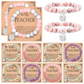 Landical 12 Set Back to School Teacher Gifts from Students New School Year Gifts Thank You Natural Stone Apple Bracelet for Women Birthday Teacher with Message Cards(Multi Color)