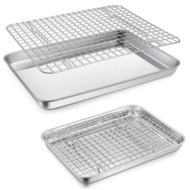 P&P CHEF Toaster Oven Pans Trays with Racks Set, 4 PCS (2 Pans + 2 Racks), Stainless Steel Small Baking Pan and Cooling Rack for Oven Baking Cooking, Healthy & Easy Clean, 2 Sizes - 12.5” & 9”